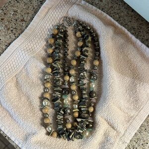 Layered Neutral Bead and Shell Necklace - Beige and Pearlescent